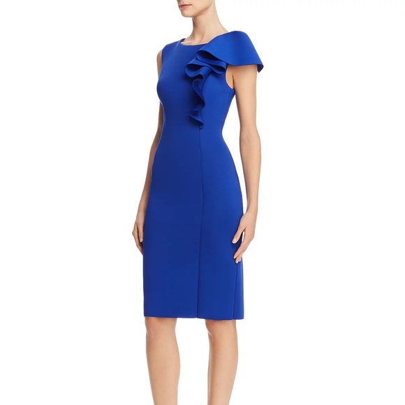 NWOT Eliza J Scuba Sheath Dress w/ Cascading Ruffle Cobalt Blue Size 14 - Picture 2 of 4